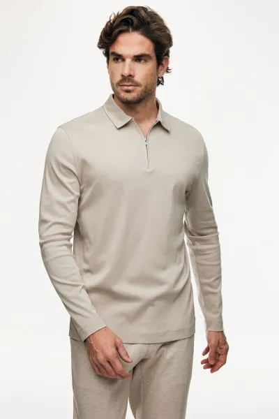 Half Zip Longsleeve Polo | Beige