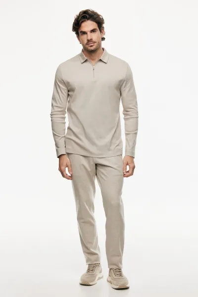 Half Zip Longsleeve Polo | Beige