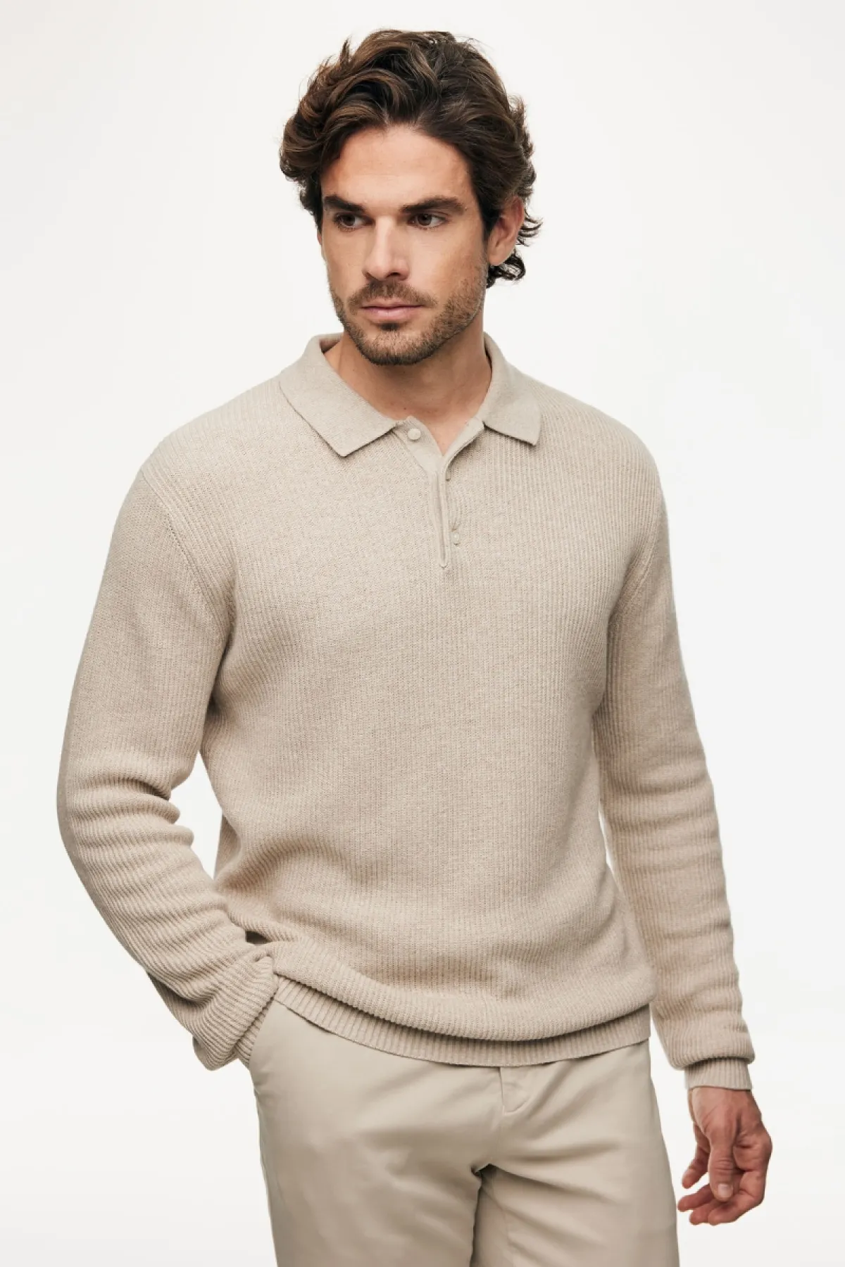 Knitted Longsleeve Polo | Beige