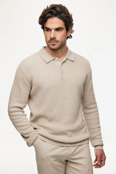 Knitted Longsleeve Polo | Beige