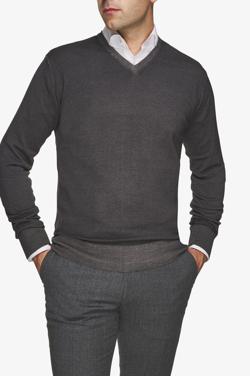 Wol stretch trui v-hals grijs