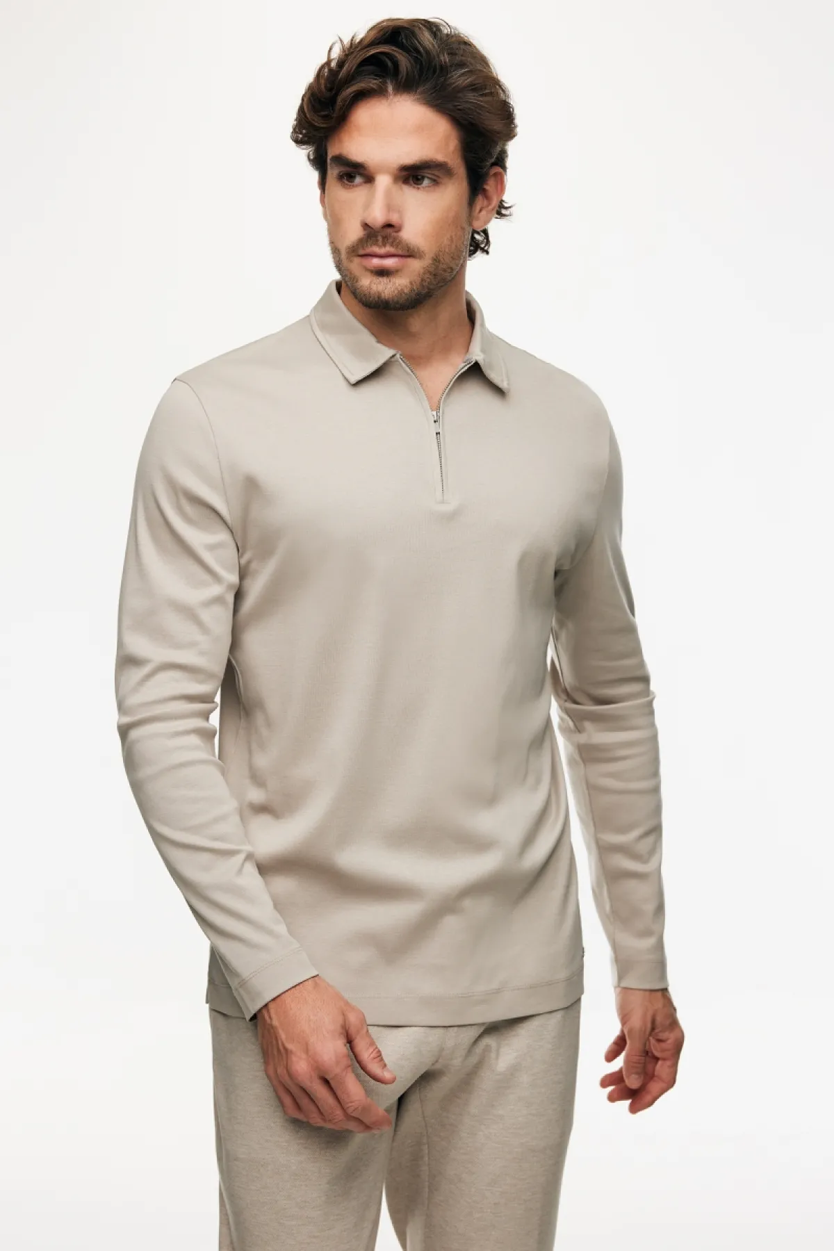 Half Zip Longsleeve Polo | Beige
