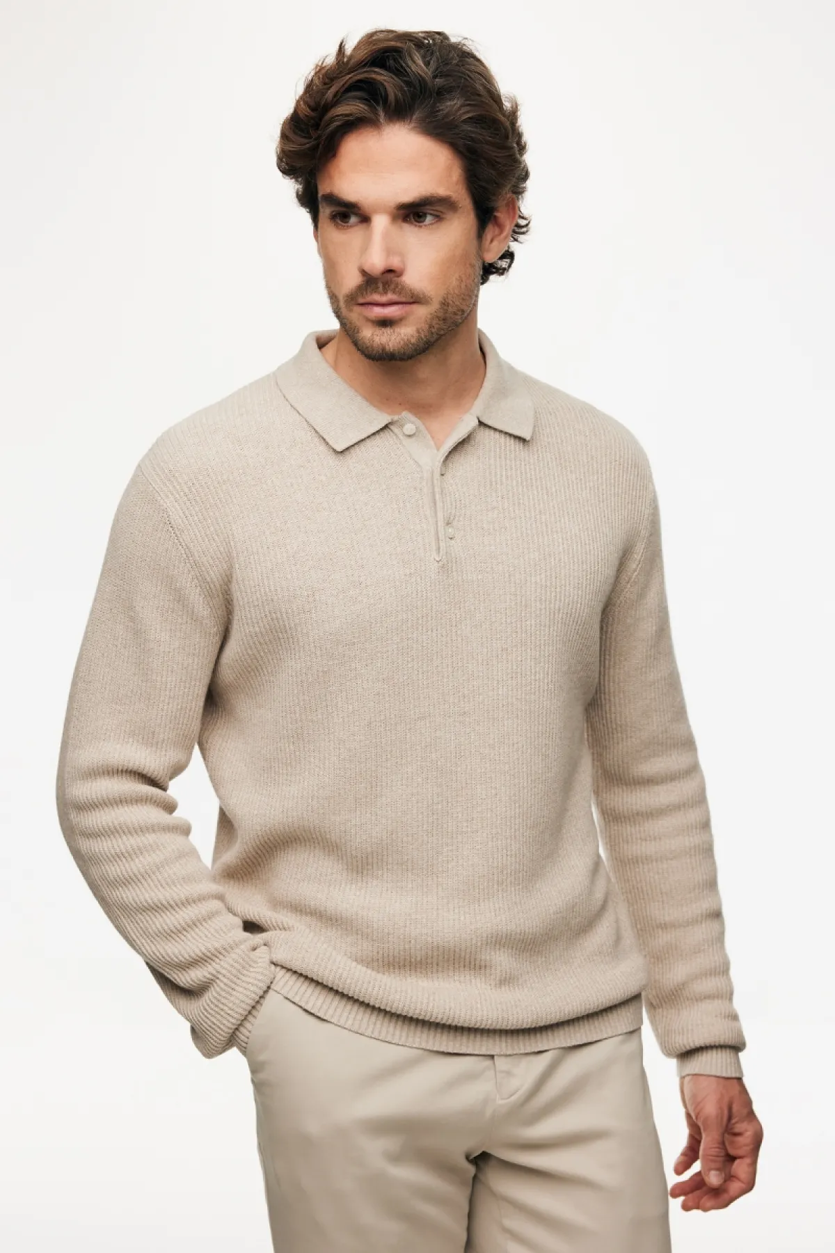 Knitted Longsleeve Polo | Beige