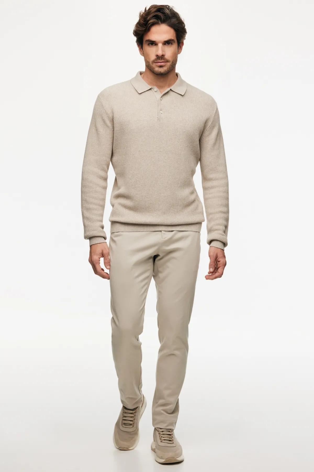 Knitted Longsleeve Polo | Beige
