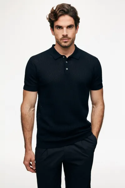 Gebreide Stuctuur Polo | Donkerblauw