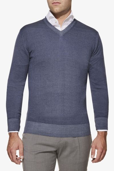 Wol stretch trui v-hals blauw